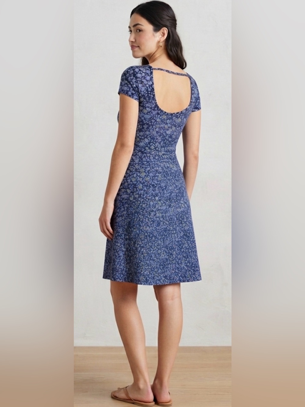 Blue Floral A-Line Short Sleeve Dress S